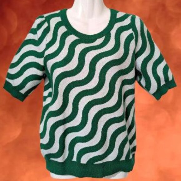 Green & White Anthropologie Knit Short Sleeve Top - Size Small - Picture 1 of 11